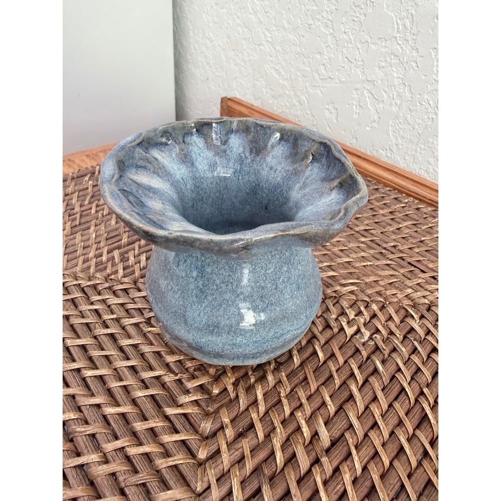 Studio Pottery Ruffled Rim Vase Blue Grey Reactive Glaze Artisan Stoneware 3.5in